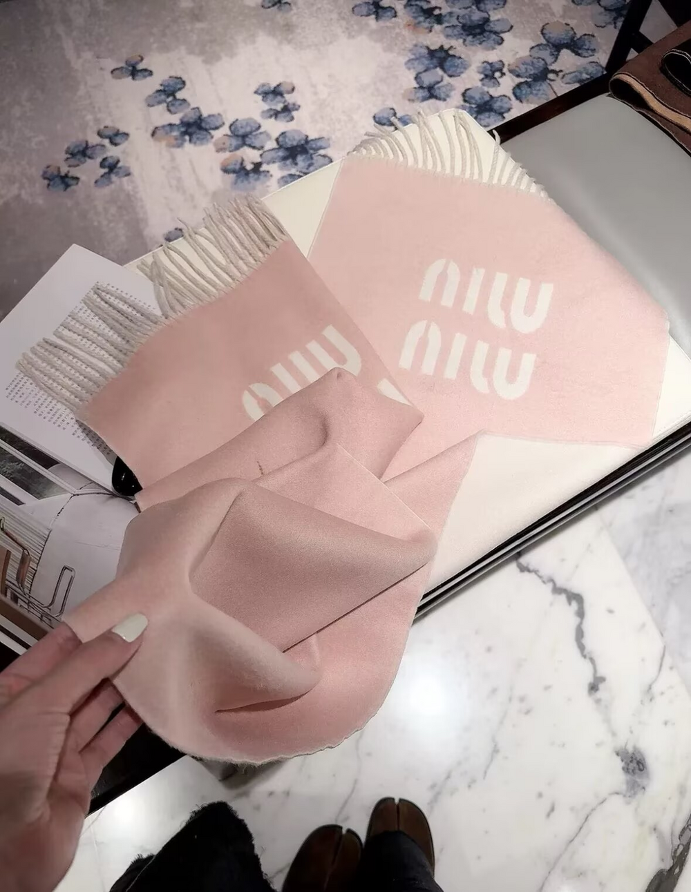 Miu Miu Logo Reversible Fringe Scarf Pink & White